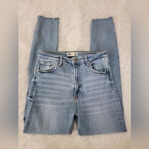 Zara Women's  Distressed Jeans in Light Blue High Rise Skinny Leg Size 8